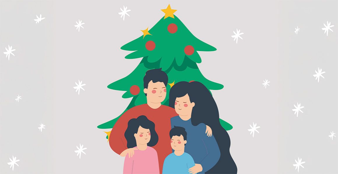 Familie ved juletre - illustrasjon